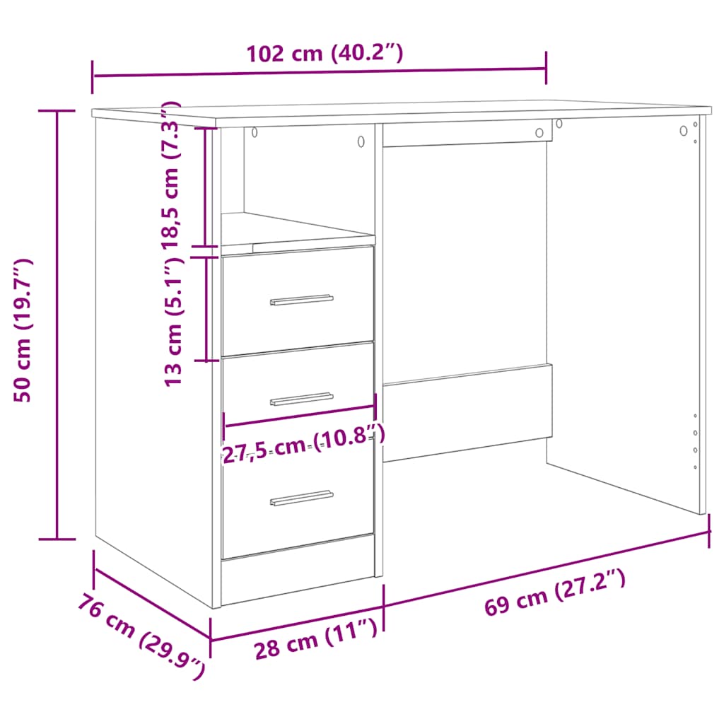 Bureau 102x76x50 cm bewerkt hout artisanaal eikenkleur