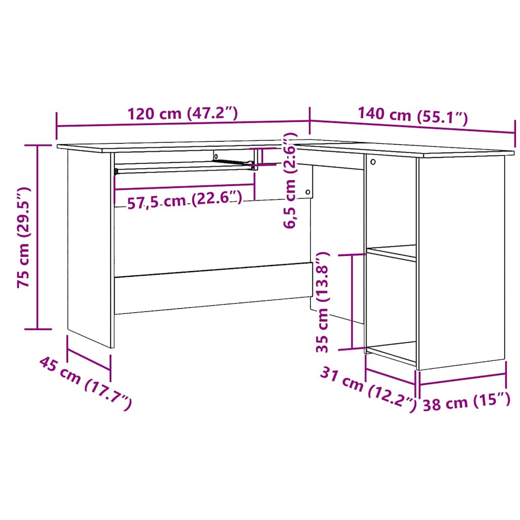 Hoekbureau 120x140x75 cm bewerkt hout artisanaal eikenkleur