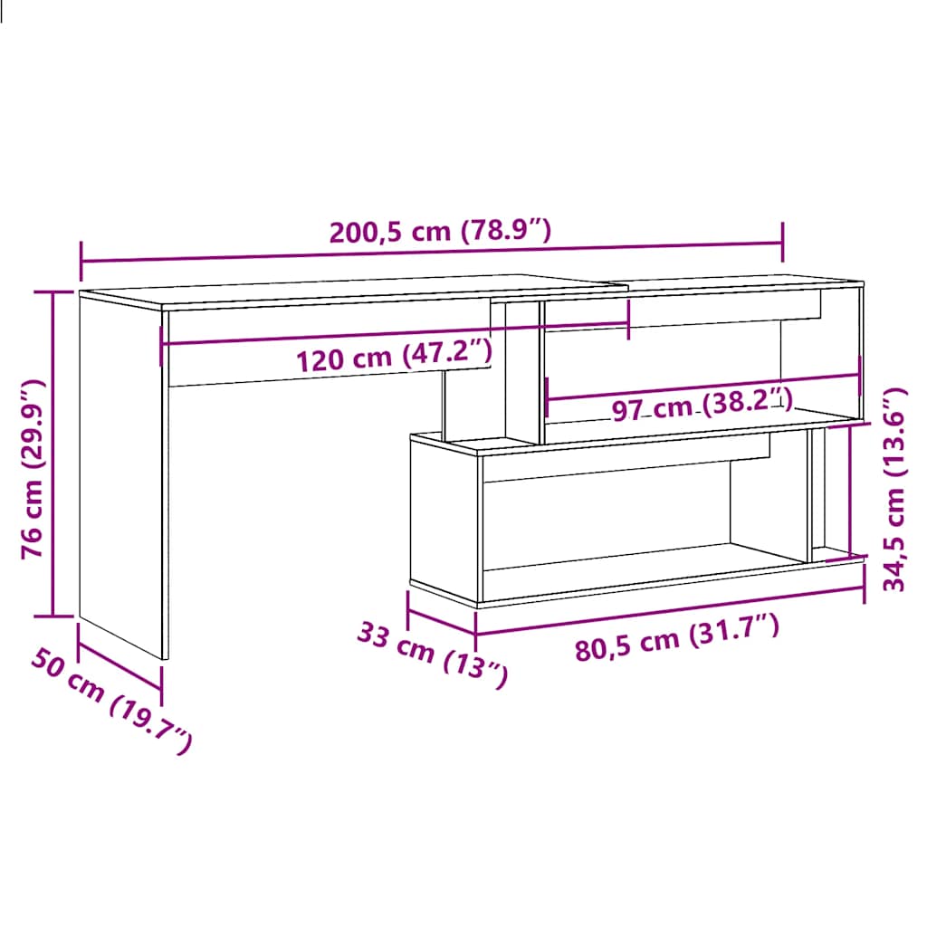 Hoekbureau 200,5x50x76 cm bewerkt hout oud houtkleurig