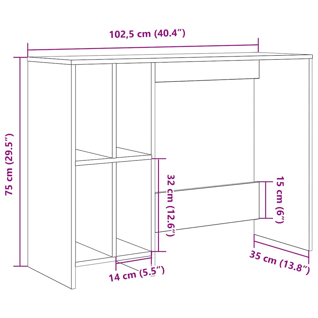 Bureau 102,5x35x75 cm bewerkt hout oud houtkleurig