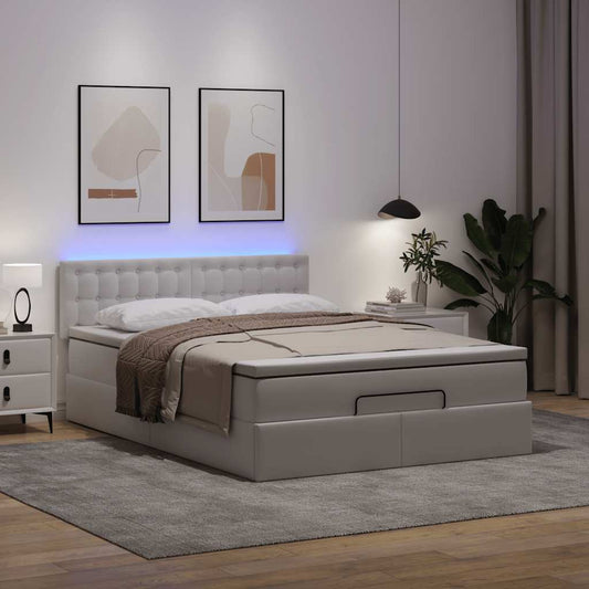 Bed poef met matrassen en LED's 140x200cm kunstleer zuiver wit