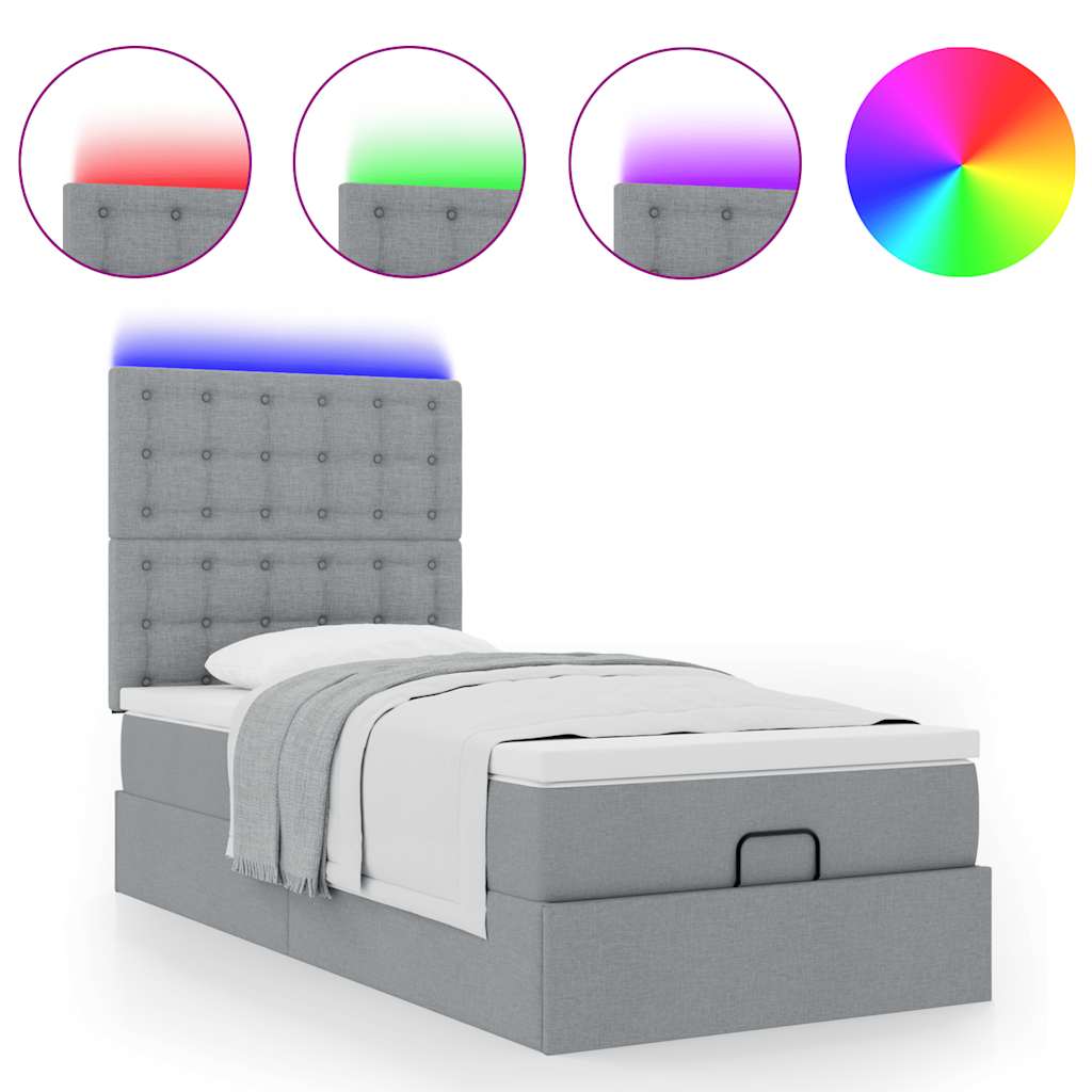 Ottoman bed met matras en LED's 90x200cm stof lichtgrijs