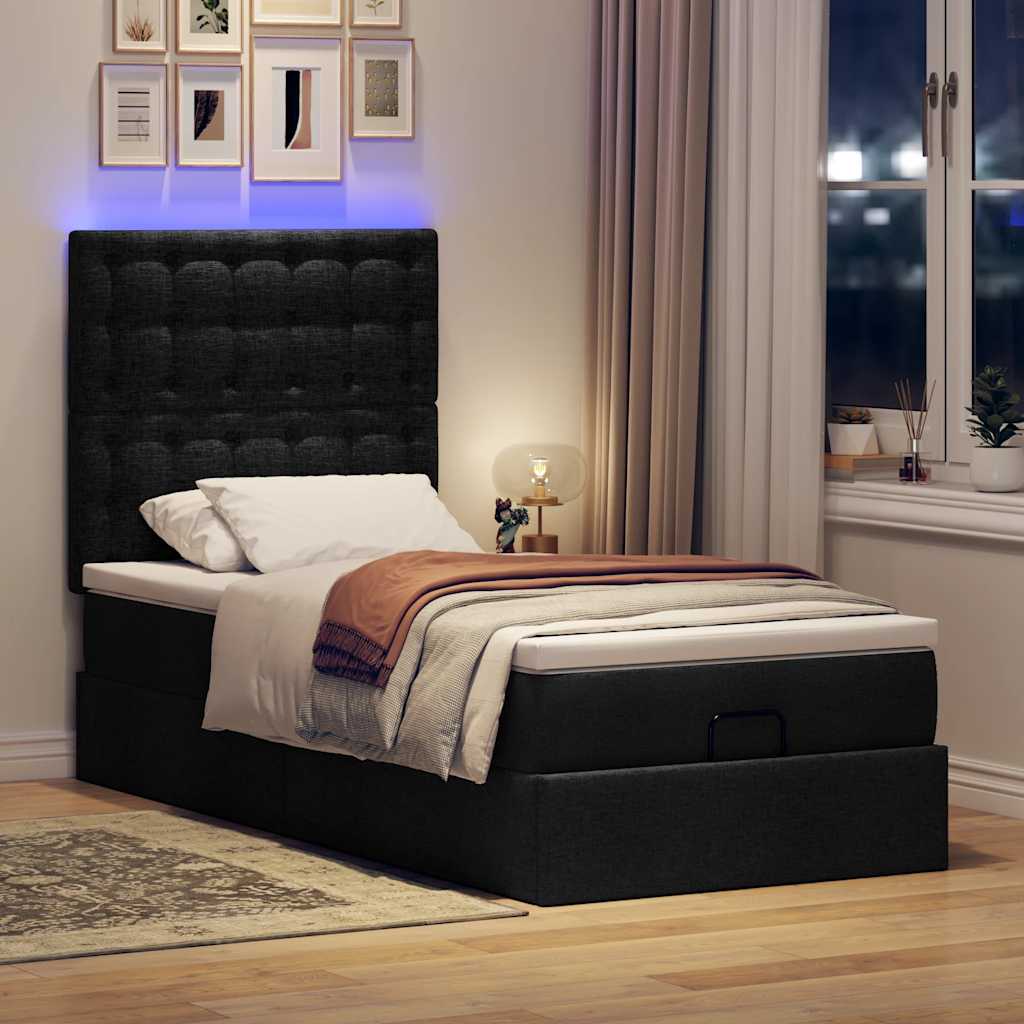 Ottoman bed met matras en LED's 90x200cm stof zwart