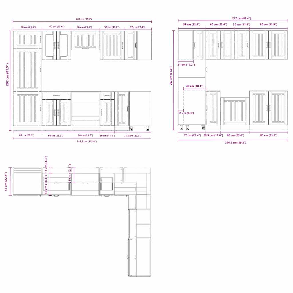 14-delige Keukenkastenset Lucca bewerkt hout oud houtkleurig