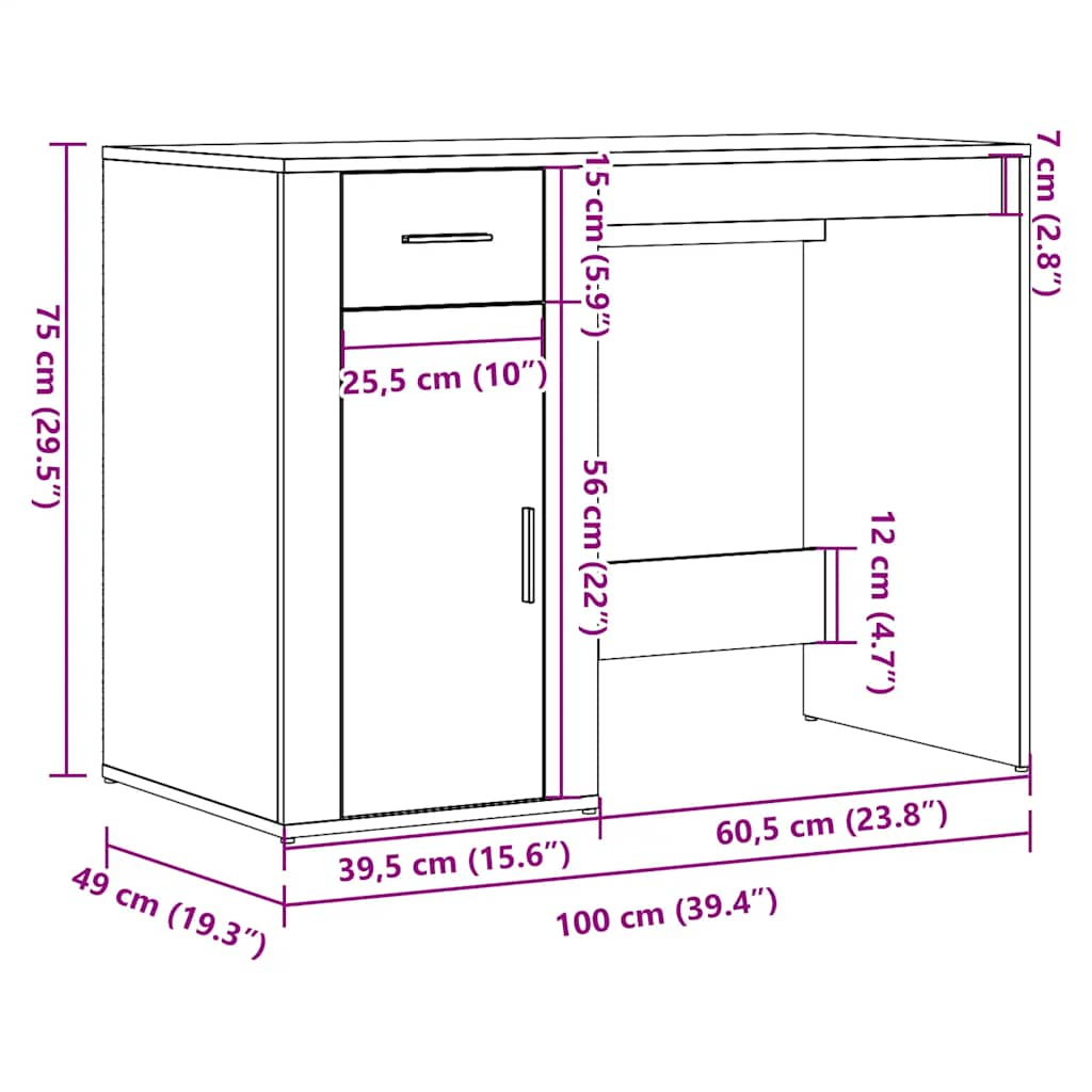 Bureau 100x49x75 cm bewerkt hout artisanaal eikenkleur