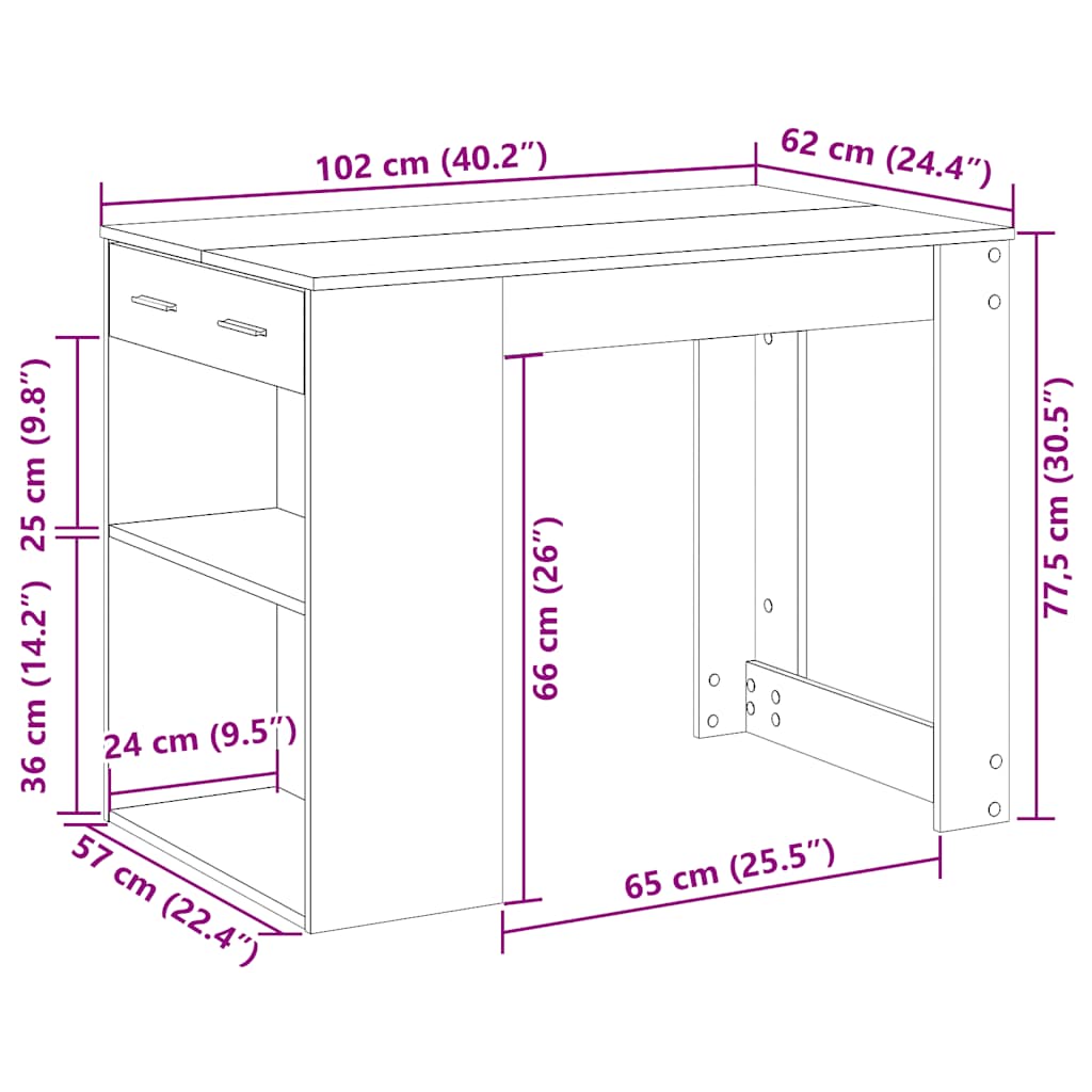 Bureau met lade en plank 102x62x77,5cm bewerkt hout zwart eiken