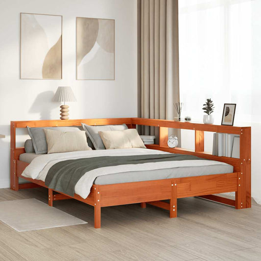 Bed met boekenkast zonder matras grenenhout wasbruin 140x190 cm