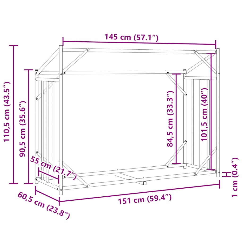 Haardhoutrek met regenhoes 151x60,5x110,5 cm staal