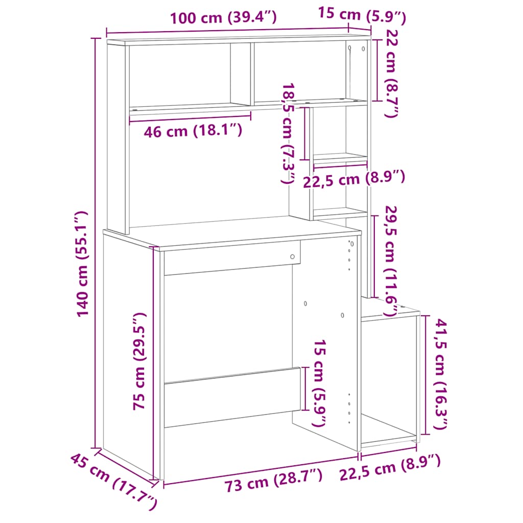 Bureau met schappen 100x45x140 bewerkt hout sonoma eikenkleur