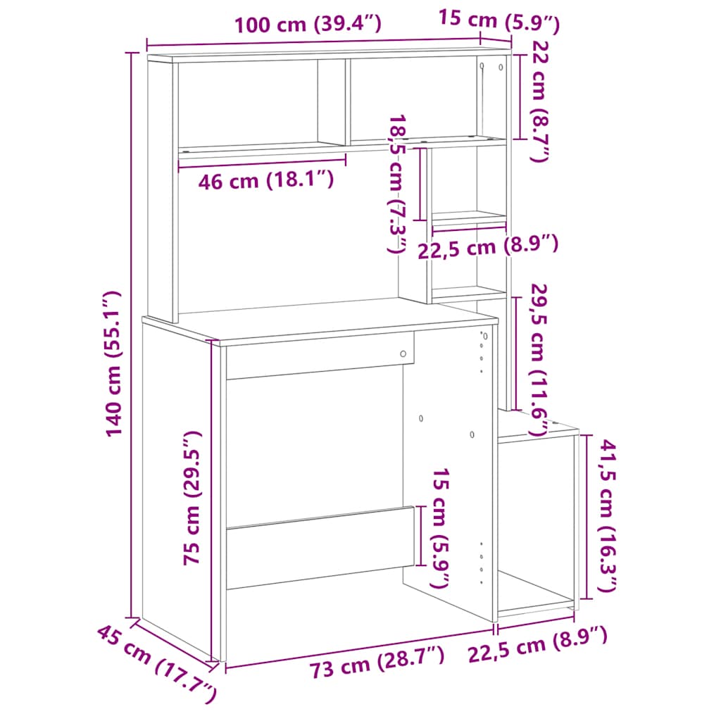 Bureau met schappen 100x45x140 cm bewerkt hout artisanaal eiken