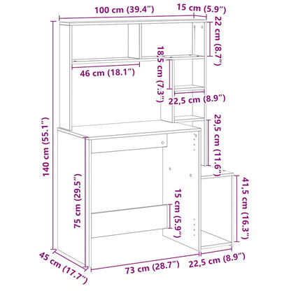 Bureau met schappen 100x45x140 cm bewerkt hout artisanaal eiken