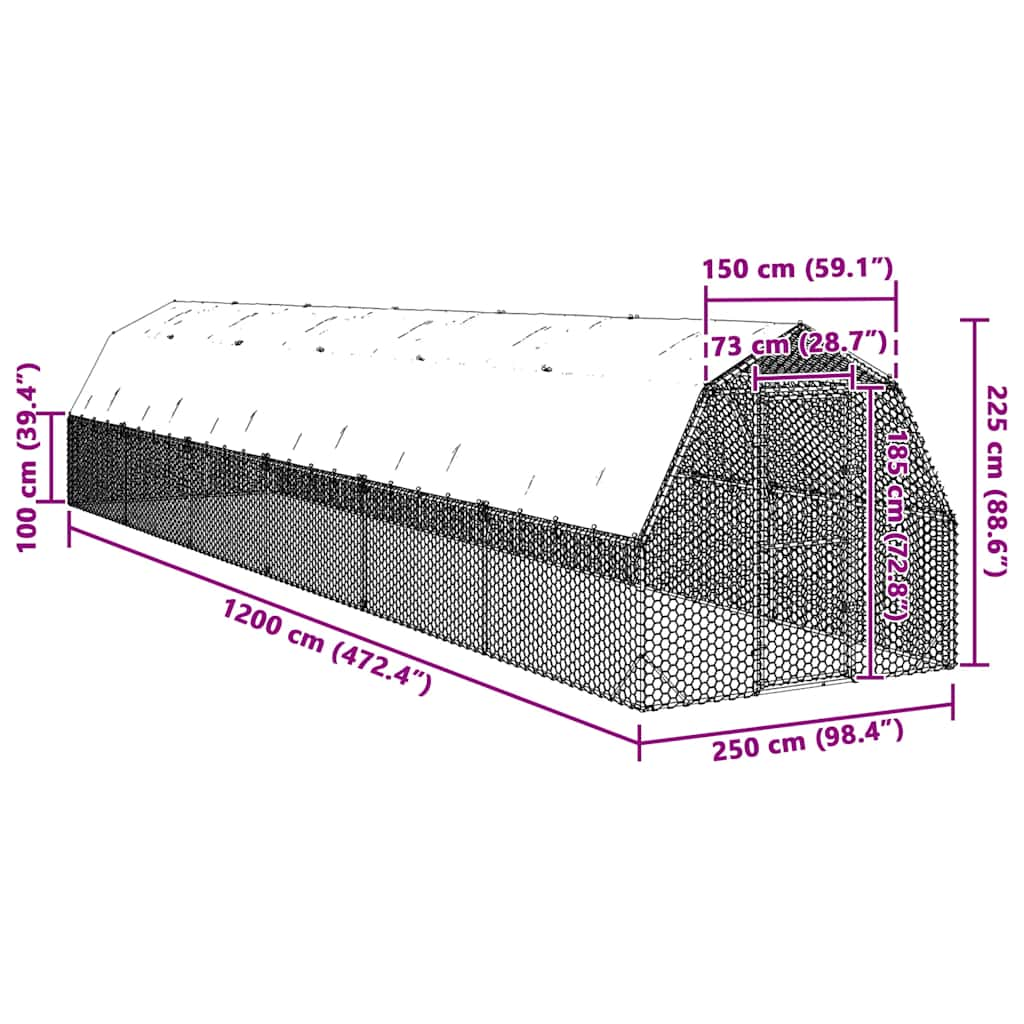 Kippenren met dak 2,5x12x2,25 m gegalvaniseerd staal