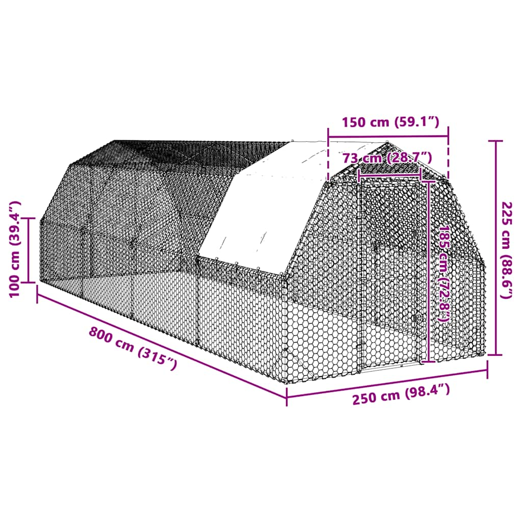 Kippenren met dak 2,5x8x2,25 m gegalvaniseerd staal